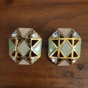 Vintage Avon Octagonal Gold Metal Enamel Statement Earrings 1990s